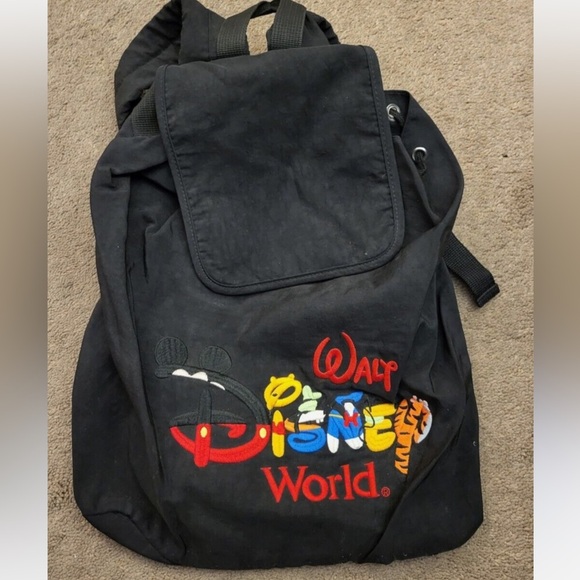 Vintage Walt Disney World Characters Backpack Drawstring Tote Bag Black - Picture 1 of 10